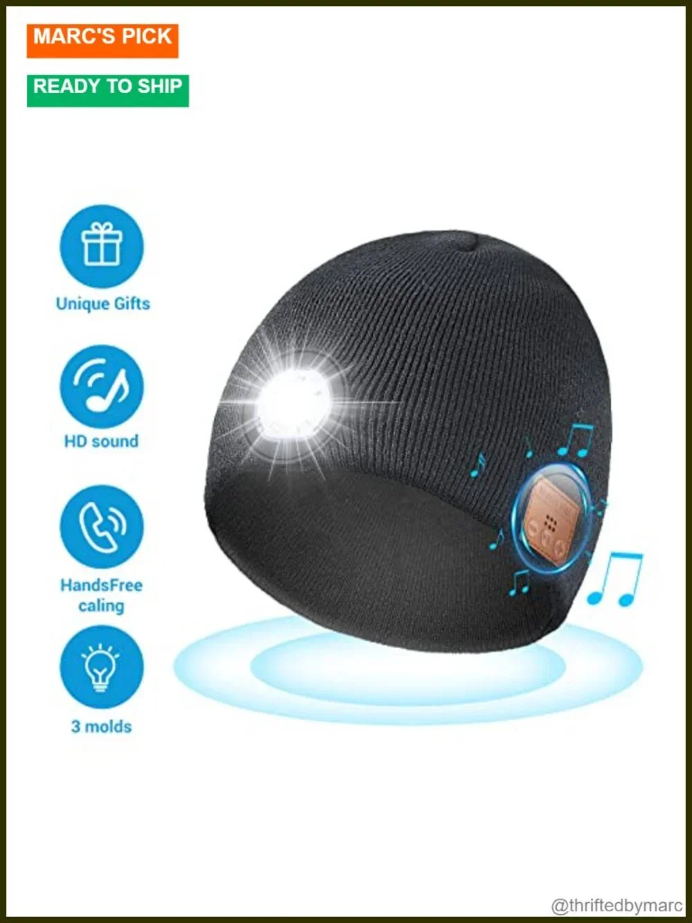 Bluetooth Beanie with Light, HD Stereo Sound, USB Rechargeable Headlamp for